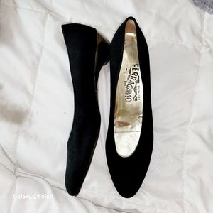 Salvatore Ferragamo Shiny Black Metal Wedge Heel Classic Ballet Flats 7.5 N